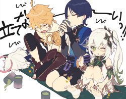 2boys 2girls aether_(genshin_impact) anklet arm_at_side armlet armor belt black_belt black_bodysuit black_bow black_bridal_gauntlets black_cape black_hair black_pants blonde_hair bloomers blue_cape blue_kimono blunt_ends blush bodysuit bow bracelet bridal_gauntlets brown_pants brown_sleeves cape clenched_hand closed_eyes closed_mouth cramp cup detached_sleeves dress drinking earrings eyelashes eyeliner eyeshadow facing_down feather_earrings feathers fingernails genshin_impact gold gold_ring gold_trim green_eyes green_hair green_sleeves hair_between_eyes hair_ornament hakama hakama_shorts halo hand_on_own_leg hand_up hands_up heart heart_hair_ornament holding holding_cup holding_own_leg japanese_armor japanese_clothes jewelry juban kimono knee_up kote kurokote leaf leaf_hair_ornament long_hair lying makeup mandarin_collar mechanical_halo middle_ring multicolored_hair multiple_boys multiple_girls nahida_(genshin_impact) on_stomach one_eye_closed open_clothes open_kimono open_mouth paimon_(genshin_impact) pants parted_bangs pauldrons pleated_shorts pointy_ears red_eyeliner red_eyeshadow reito6 scaramouche_(genshin_impact) scarf seiza short_sleeves shorts shoulder_armor side_ponytail sidelocks single_pauldron sitting sitting_on_pillow socks stirrup_footwear streaked_hair sweatdrop tareme tea tearing_up tears toenails toes translation_request two-tone_pants underwear upright_ahoge v-shaped_eyebrows wanderer_(genshin_impact) white_background white_bloomers white_dress white_feathers white_hair white_kimono white_scarf white_sleeves white_socks white_trim yunomi