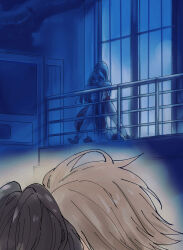 0inui0inui0 1girl 2boys against_railing black_hair blonde_hair breasts crossover fatal_fury bad_tag bad_tag highres huge_breasts implied_yaoi jamie_siu leaning_forward legs_apart looking_at_another luke_sullivan multiple_boys open_mouth railing shiranui_mai street_fighter street_fighter_6 window