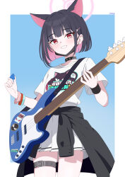 Rule 34 | 1girl, absurdres, animal ears, arm strap, baozi 9527, black choker, black hair, black jacket, black mask, blue archive, blue background, border, cat ears, choker, clothes around waist, colored inner hair, commentary, cowboy shot, guitar, hair ornament, hairclip, halo, highres, holding, holding guitar, holding instrument, holding plectrum, instrument, jacket, jacket around waist, kazusa (band) (blue archive), kazusa (blue archive), looking at viewer, multicolored hair, official alternate costume, pink hair, pink halo, pleated skirt, plectrum, red eyes, shirt, skirt, smile, solo, thigh strap, white border, white shirt, white skirt
