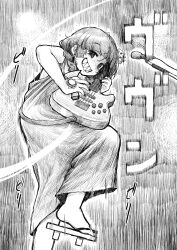 1girl bachi bass_guitar bocchi_the_rock! braid comiket_103 dress geta greyscale grin hand_tattoo highres hiroi_kikuri instrument long_hair looking_at_viewer monochrome music omo-rom playing_instrument plectrum sandals sharp_teeth smile solo standing standing_on_one_leg tattoo teeth