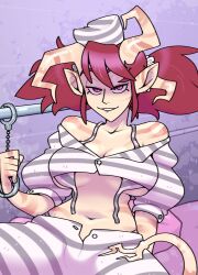 1girl biting_own_lip bra breasts cleavage collarbone demon_girl demon_horns demon_tail discount-supervillain hair_ornament hair_scrunchie hat highres horns horny_jail_(meme) horny_jail_demon_(discount-supervillain) large_breasts looking_at_viewer meme open_pants original pants pointy_ears prison_clothes red_hair scrunchie shirt short_twintails solo tail twintails underboob underwear