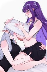 2girls absurdres alternate_costume arnkun bare_shoulders barefoot black_leotard black_skirt blush breasts cleavage closed_mouth commentary english_commentary fern_(sousou_no_frieren) frieren grey_hair hand_on_another&#039;s_ass hands_on_another&#039;s_head highres hime_cut huge_breasts leotard licking licking_nipple long_hair looking_at_another medium_breasts miniskirt multiple_girls navel nipple_stimulation nipples on_bed pleated_skirt pointy_ears purple_eyes purple_hair seiza sidelocks simple_background sitting skirt smile sousou_no_frieren sweat tank_top tongue tongue_out white_background white_tank_top yuri