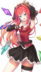 1girl absurdres arm_up bare_shoulders belt black_belt black_hat black_skirt black_sleeves blush bow breasts collarbone commentary_request commission cowboy_shot detached_sleeves fortissimo//akkord:bsusvier frilled_skirt frills green_eyes hat highres long_hair long_sleeves looking_at_viewer open_mouth red_bow red_hair red_shirt safety_pin satomura_momiji shirt single_thighhigh skeb_commission skirt sleeveless sleeveless_shirt smile solo thighhighs yamato_(muchuu_paradigm)