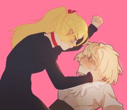 2girls absurdres black_dress blonde_hair blush choker closed_mouth commentary dress dungeon_meshi ear_blush elf falin_touden falin_touden_(tallman) feathers highres juliet_sleeves kabedon long_hair long_sleeves marcille_donato michiiyuri multiple_girls parted_lips pink_background pointy_ears ponytail puffy_sleeves red_choker shirt short_hair simple_background sweatdrop symbol-only_commentary white_shirt yellow_eyes yuri