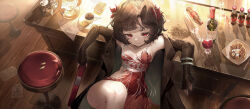 1girl absurdres bar_stool bare_legs black_hair black_jacket black_sleeves bottle chain closed_mouth coffee collarbone commentary_request crossed_legs cup dress drinking_glass female_focus food forehead hair_ornament highres holding holding_weapon huge_filesize indoors jacket jewelry loli long_sleeves looking_at_viewer necklace newspaper notebook open_clothes open_jacket parted_bangs phone plate red_dress red_eyes reverse:1999 schneider_(reverse:1999) shanyao_jiang_tororo short_hair sitting smile smirk soda_bottle stool teacup waffle weapon wine_bottle wine_glass wooden_floor