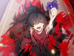 Rule 34 | 1girl, arm up, black hair, blood, blood on ground, closed eyes, closed mouth, commentary request, dress, facing viewer, finallyending, flower, foreshortening, highres, holding, holding flower, kumazaki karen, long hair, open mouth, purple flower, red dress, saibou shinkyoku, sleeveless, sleeveless dress, smile, solo, spoilers