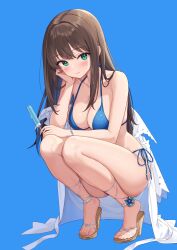 1girl ankle_lace-up bikini blue_background blue_bikini bracelet breasts brown_hair cleavage curvy food green_eyes halterneck hamahama head_on_hand high_heels highres holding holding_food holding_popsicle idolmaster idolmaster_cinderella_girls jewelry large_breasts light_blush long_hair looking_at_viewer off-shoulder_shirt off_shoulder open_clothes open_shirt popsicle sandals shibuya_rin shirt side-tie_bikini_bottom simple_background smile solo squatting string_bikini swimsuit thick_thighs thighs white_shirt