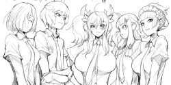 1boy 4girls androgynous blush breasts character_request hair_ornament hands_on_own_hips homare_nao large_breasts lilith-soft long_hair looking_at_another maid_headdress medium_breasts monochrome multiple_girls onizaki_kirara school_uniform short_hair simple_background sitting small_breasts smile taimanin_(series) taimanin_rpgx thighs trap twintails upper_body white_background zol