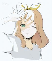 1girl absurdres blonde_hair bow collarbone green_eyes hair_ribbon hibike!_euphonium highres long_hair one_eye_closed parted_lips ponytail ratifuu ribbon shirt short_sleeves simple_background solo sweat sweatdrop white_background white_shirt yoshikawa_yuuko