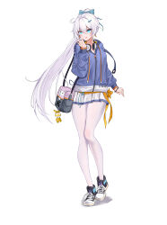1girl absurdres alternate_costume bag black_shoes blue_eyes blue_jacket bow bright_pupils casual floating_hair full_body grey_hair hair_bow highres homu_(honkai_impact) honkai_(series) honkai_impact_3rd jacket kiana_kaslana long_hair long_sleeves looking_at_viewer pantyhose parted_lips ponytail shoes shoulder_bag simple_background skirt smile solo standing very_long_hair white_background white_pantyhose white_pupils white_skirt ying_ling