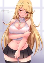 1girl alternate_costume artist_name black_skirt black_thighhighs blonde_hair blurry blurry_background breasts cleavage_cutout closed_mouth clothing_cutout commentary commentary_request cowboy_shot english_commentary gumroad_username large_breasts looking_at_viewer midriff miniskirt mixed-language_commentary mythra_(xenoblade) navel pleated_skirt skirt sleeveless sleeveless_sweater smile solo standing sugarbell sweater swept_bangs thighhighs turtleneck turtleneck_sweater white_sweater xenoblade_chronicles_(series) xenoblade_chronicles_2 yellow_eyes