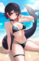 1girl absurdres aki_hoshino arm_support artist_name beach bikini black_bikini black_choker blurry blurry_background blush breasts candy choker cleavage closed_mouth colored_inner_hair commentary day ear_piercing ellen_joe english_commentary fins fish_tail food hair_ornament halterneck highres holding holding_candy holding_food holding_lollipop large_breasts large_tail lens_flare lollipop looking_at_viewer mole mole_under_eye multi-strapped_bikini_bottom multicolored_hair multiple_piercings nail_polish navel ocean outdoors pendant_choker piercing red_eyes red_hair red_nails shark_girl shark_tail shore short_hair signature sitting solo stomach string_bikini swimsuit tail thigh_strap two-tone_hair underboob very_long_fingernails water_drop wet x_hair_ornament zenless_zone_zero
