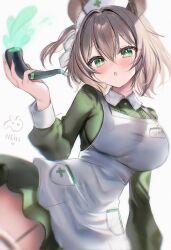 1girl :o animal_ears apron blush breasts dress green_dress green_eyes hat highres indie_virtual_youtuber large_breasts maru_ccy medium_hair nimi_nightmare nurse_cap one_side_up simple_background smoking_pipe solo tapir tapir_ears tapir_girl virtual_youtuber white_apron white_background