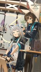 Rule 34 | 2girls, :d, :o, amiya (arknights), animal ear fluff, animal ears, arknights, artist request, black jacket, blue eyes, breasts, brown hair, brown pantyhose, cat ears, cat girl, cat tail, commentary, copyright name, cup, dress, english commentary, english text, faucet, flower, green eyes, grey hair, hair tie, highres, holding another&#039;s hair, hood, hood down, infection monitor (arknights), jacket, jewelry, lavender (flower), mug, multiple girls, multiple rings, official art, open mouth, pantyhose, plant, potted plant, rabbit ears, rabbit girl, ring, rosmontis (arknights), second-party source, sitting, smile, standing, steam, tail, tying another&#039;s hair, white dress