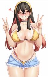1girl anisdrawn bikini black_hair blush breasts carmine_(pokemon) cowboy_shot denim denim_shorts double_v grin highres large_breasts long_hair looking_at_viewer mole mole_under_eye multicolored_hair navel nintendo open_fly pokemon pokemon_sv red_hair shorts simple_background smile solo standing swimsuit thigh_gap two-tone_hair v white_background yellow_bikini yellow_eyes