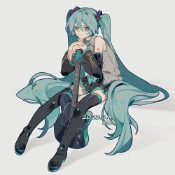 1girl aqua_eyes aqua_hair aqua_necktie bare_shoulders black_boots black_skirt black_sleeves boots closed_mouth collared_shirt commentary dated detached_sleeves full_body grey_background grey_shirt guitar hair_ornament hashtag-only_commentary hatsune_miku highres holding holding_guitar holding_instrument instrument lace lace-trimmed_collar lace-trimmed_shirt lace_trim light_frown long_hair long_sleeves looking_at_viewer miniskirt necktie number_tattoo own_hands_together pleated_skirt shadow shirt shoulder_tattoo simple_background sitting skirt solo tattoo thigh_boots twintails twitter_username very_long_hair vocaloid z6