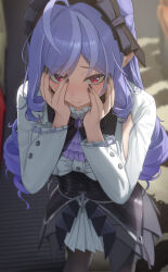 1girl absurdres ascot black_bow black_bowtie black_nails black_pantyhose black_skirt blush bow bowtie breasts center_frills closed_mouth commentary_request dress fingernails frills hair_bow hands_on_own_face highres icetea_art large_breasts long_sleeves looking_at_viewer mole mole_under_eye multicolored_hair nail_polish overskirt paid_reward_available pantyhose partial_commentary pointy_ears purple_ascot purple_hair red_eyes shrug_(clothing) sidelocks skirt smile solo streaked_hair vivian_(zenless_zone_zero) white_dress white_shrug zenless_zone_zero