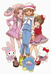 Rule 34 | 3girls, animal ears, animal hat, bird, blue pants, blue shirt, blue suit, brown eyes, brown hair, c0s0m2, cat, cat ears, crossover, digimon, digimon adventure, flipped hair, formal clothes, gingham skirt, hat, hello kitty, hello kitty (character), highres, jacket, multiple girls, my melody, onegai my melody, pants, penguin, pink hat, pink jacket, pink skirt, rabbit, rabbit hat, red shirt, sanrio, shirt, short hair, sidelocks, skirt, suit, tachikawa mimi, takenouchi sora, tuxedo sam, white hat, yagami hikari