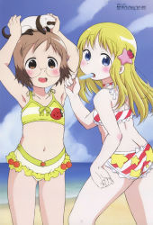 2girls :&gt;= :d :o ana_coppola armpits arms_up ass beach bikini blonde_hair blue_eyes blush body_blush bow brown_eyes brown_hair butt_crack cherry cloud cowboy_shot day eating ferret flat_chest food food-themed_clothes food-themed_hair_ornament frilled_bikini frills fruit glasses hair_ornament highres holding ichigo_mashimaro john loli long_hair looking_at_viewer looking_back magazine_scan megami_magazine multiple_girls nakamura_motoi navel object_on_head ocean official_art open_mouth outdoors parted_bangs popsicle print_bikini profile sakuragi_matsuri scan sexually_suggestive short_hair sky smile standing star_(symbol) star_hair_ornament strawberry strawberry_hair_ornament striped_bikini striped_clothes swimsuit tankini water