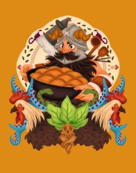 1boy absurdres axe basilisk beard bread cropped_torso dungeon_meshi dwarf facial_hair fake_horns food helmet highres holding horned_helmet horns long_beard looking_ahead lovelyillustrat male_focus mandrake monster mustache senshi_(dungeon_meshi) solo spatula tentacles thick_mustache very_long_beard weapon weapon_on_back wok
