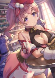 Rule 34 | 2girls, bare shoulders, beret, blush, breasts, cleavage, cleavage cutout, clothing cutout, collarbone, commentary request, detached sleeves, gloves, hair between eyes, hat, heart cutout, long hair, looking at viewer, medium breasts, mittens, multiple girls, pink hair, princess connect!, puffy sleeves, purple eyes, red hat, smile, solo, tsumugi (princess connect!), twintails, white mittens, yuririn poi