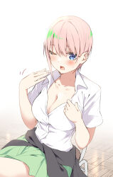 1girl ;o black_cardigan blue_eyes blush breasts cardigan cardigan_around_waist cleavage clothes_around_waist collarbone collared_shirt commentary_request fanning_self go-toubun_no_hanayome green_skirt highres hot large_breasts long_hair nakano_ichika one_eye_closed open_mouth partially_unbuttoned pink_hair pleated_skirt sahara386 school_uniform shirt short_hair short_sleeves sitting skirt solo sweat white_background white_shirt