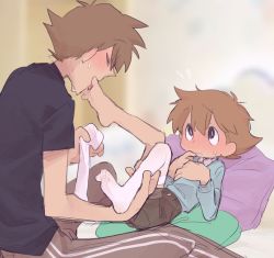 2boys age_difference black_eyes black_shorts blush brown_hair clive_dove licking licking_foot luke_triton lying male_focus multiple_boys professor_layton short_hair shorts shota single_sock socks sweat thighhighs tnso unworn_legwear wavy_mouth yaoi