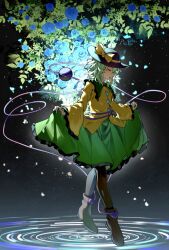 1girl ankle_boots black_boots black_hat blouse blue_flower blue_rose boots bow breasts buttons closed_eyes collared_shirt contrast_collar dark_background diamond_button falling_petals flower frilled_shirt_collar frilled_skirt frilled_sleeves frills full_body green_hair green_skirt hashtag-only_commentary hat hat_bow heart highres komeiji_koishi leaf long_sleeves maisuiren parted_lips petals ripples rose rose_petals shirt short_hair skirt skirt_hold small_breasts solo tiptoes touhou wide_sleeves yellow_bow yellow_shirt
