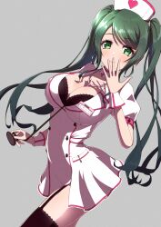 1girl between_breasts black_bra black_thighhighs blush bra breasts buttons cleavage closed_mouth commentary_request covered_erect_nipples cowboy_shot d4dj double-breasted dress garter_straps green_eyes green_hair grey_background hand_to_own_mouth hands_up hat heart heart_print highres hiraken holding holding_stethoscope lace lace-trimmed_bra lace-trimmed_thighhighs lace_trim large_breasts long_hair looking_at_viewer name_tag nurse nurse_cap print_hat puffy_short_sleeves puffy_sleeves shimizu_esora short_sleeves simple_background smile solo standing stethoscope thighhighs twintails underwear very_long_hair wavy_hair white_dress