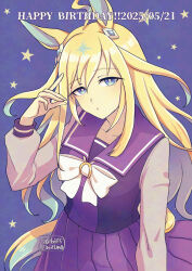 1girl :o adversarial_noise ahoge animal_ears blonde_hair blue_background blue_eyes bow bowtie colored_inner_hair dated hand_up happy_birthday hi_(ibisf5umauma) highres horse_ears horse_girl horse_tail long_hair long_sleeves looking_at_viewer multicolored_hair neo_universe_(umamusume) parted_lips purple_shirt purple_skirt sailor_collar school_uniform shirt skirt solo star_(symbol) tail tracen_school_uniform twitter_username umamusume upper_body