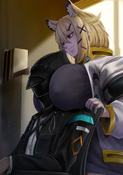 1boy 1girl animal_ears arknights blonde_hair breast_pillow chair doctor_(arknights) fake_animal_ears fang highres indoors jacket looking_at_another looking_down open_clothes open_jacket purple_eyes shadyoaks_(lucknuts) short_hair skin_fang slit_pupils smile utage_(arknights) white_jacket