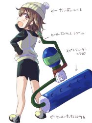 10s 1girl alternate_costume beanie black_shorts brown_hair commentary_request darkside fang female_focus hair_ornament hairclip hat ikazuchi_(kancolle) kantai_collection looking_at_viewer looking_back nintendo open_mouth paint_roller short_hair shorts solo splat_roller_(splatoon) splatoon_(series) splatoon_1 translation_request