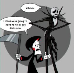 2boys absurdres commentary crossover english_commentary english_text formal_clothes grey_background grim_(grim_adventures) highres holding holding_scythe i_think_we&#039;re_gonna_have_to_kill_this_guy_steven_(meme) jack_skellington meme multiple_boys pinstripe_pattern pinstripe_suit rasbipac scythe skeleton speech_bubble striped suit the_grim_adventures_of_billy_&amp;_mandy the_nightmare_before_christmas two-tone_background