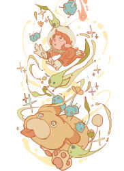 Rule 34 | 1girl, :o, animal, animal collar, black eyes, blue eyes, blue skin, boots, collar, colored skin, dog, falling, floating hair, floppy ears, flower, ghost tail, gloves, glow pikmin, green skin, helmet, highres, ice, ice pikmin, jumpsuit, looking at creature, nintendo, no mouth, oatchi (pikmin), open mouth, pikmin (creature), pikmin (series), pikmin 4, pointy ears, radio antenna, red collar, red hair, red jumpsuit, rescue officer (pikmin), short hair, simple background, solid circle eyes, space helmet, spacesuit, sparkle, upturned eyes, whistle, white background, white boots, white flower, white gloves, yu pikmin