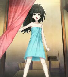 1girl angry black_hair flat_chest game_cg green_eyes highres hiyajou_maho indoors long_hair messy_hair naked_towel open_mouth petite steins;gate steins;gate_0 towel wet