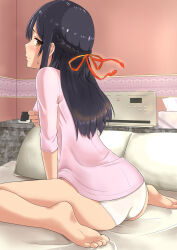 Rule 34 | 1girl, ass, bare legs, barefoot, bed, black hair, blush, braid, brown eyes, closed mouth, commentary request, hair ornament, hair ribbon, highres, indoors, kimi no na wa., long hair, miyamizu mitsuha, no pants, panties, pillow, pink shirt, profile, red ribbon, ribbon, shirt, shukurin, sitting, soles, solo, underwear, wariza, white panties