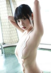 1girl aoyama_hikaru armpits arms_up black_hair breasts cleavage from_side highres indoors japanese_(nationality) large_breasts lipstick long_hair looking_at_viewer makeup photo_(medium) pool real_life sideboob standing water wet