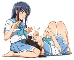 2girls barefoot black_hair blue_eyes blue_hair blue_neckerchief blue_sailor_collar blue_skirt blush breasts double_v fuyuhino hibike!_euphonium highres kasaki_nozomi kitauji_high_school_uniform long_hair multiple_girls neckerchief one_eye_closed open_mouth pleated_skirt ponytail red_eyes sailor_collar school_uniform serafuku shirt short_sleeves skirt small_breasts smile v white_shirt yoroizuka_mizore yuri