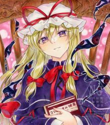 1girl alternate_costume alto2019 blonde_hair blush book bow bowtie capelet chair commentary dress gap_(touhou) hair_bow hat hat_ribbon highres holding holding_book long_hair long_sleeves looking_at_viewer mob_cap multiple_hair_bows purple_capelet purple_dress purple_eyes red_bow red_bowtie red_ribbon ribbon signature sitting smile touhou touhou_lostword traditional_media very_long_hair watermark white_hat yakumo_yukari