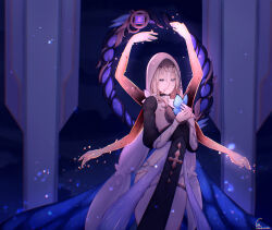 1girl absurdres aponia_(honkai_impact) black_dress blonde_hair blue_eyes breasts bug butterfly butterfly_on_hand catandcrumbles commentary dress extra_hands highres honkai_(series) honkai_impact_3rd insect large_breasts medium_hair night night_sky nun pelvic_curtain sky solo symbol-only_commentary underwear veil white_veil