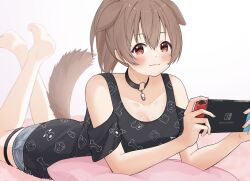 1girl :3 ai_(u_e_o_o) animal_ears barefoot black_choker black_shirt blue_shorts blush brown_eyes brown_hair choker dog_ears dog_girl dog_tail handheld_game_console highres holding holding_handheld_game_console hololive inugami_korone inugami_korone_(loungewear) looking_at_viewer nintendo_switch o-ring o-ring_choker official_alternate_costume playing_games shirt short_hair shorts smile solo tail thigh_strap virtual_youtuber