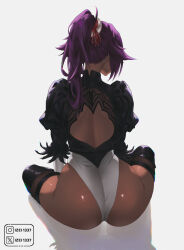 1girl 2b_(nier:automata) 2b_(nier:automata)_(cosplay) absurdres ass back_cutout black_thighhighs bleach clothing_cutout commentary cosplay dark-skinned_female dark_skin english_commentary facing_away from_behind highleg highleg_leotard highres instagram_username izei1337 juliet_sleeves leotard long_hair long_sleeves median_furrow nier:automata nier_(series) ponytail puffy_sleeves purple_hair shadow shihouin_yoruichi simple_background sitting solo thighhighs thighs toned toned_female twitter_username white_background white_leotard yellow_eyes