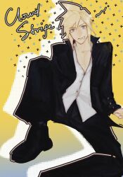 1boy absurdres bandaid bandaid_on_face black_pants black_shoes blonde_hair blue_eyes closed_mouth cloud_strife english_text final_fantasy final_fantasy_vii highres light_frown male_focus nomad_vv pants partially_unbuttoned shoes short_hair sitting spiked_hair spread_legs yellow_background