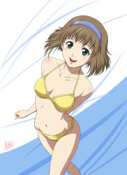 00s 1girl bikini brown_hair female_focus from_above green_eyes gunparade_orchestra hairband mcq short_hair solo swimsuit yellow_bikini