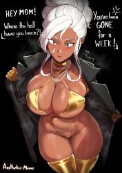 1girl absurdres aestheticc-meme bikini black_background black_coat breasts cleavage coat commentary dark-skinned_female dark_skin english_commentary english_text gold_bikini gold_thighhighs highres jewelry large_breasts lips long_hair necklace nervous_smile open_clothes open_coat original pearl_necklace sabrina_(aestheticc-meme) sidelocks simple_background smile solo standing steaming_body swimsuit variant_set wet white_hair yellow_eyes yellow_nails