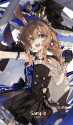 1girl :d absurdres ambience_synesthesia amiya_(arknights) amiya_(medic)_(arknights) amiya_(medic)_(solo_around_the_world)_(arknights) animal_ear_fluff animal_ears arknights bare_shoulders black_dress black_gloves black_hat blue_apple blue_eyes brown_hair chinese_commentary chino_(user_zdyd2447) commentary_request dated dress food frilled_dress frilled_hat frills fruit gloves hair_between_eyes half_gloves hand_up hat highres holding holding_food holding_fruit long_hair looking_at_viewer official_alternate_costume open_mouth outstretched_arm pleated_dress rabbit_ears sample_watermark single_hair_intake smile solo unworn_hat unworn_headwear very_long_hair watermark witch_hat