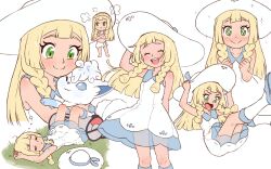 1girl absurdres alolan_form alolan_vulpix beachepisode blonde_hair blunt_bangs blush braid collared_dress dress flustered gen_7_pokemon green_eyes hat highres hug lillie_(pokemon) long_hair multiple_views nintendo on_grass open_mouth pokemon pokemon_(anime) pokemon_(creature) pokemon_sm_(anime) sleeping sleeveless sleeveless_dress smile sparkling_eyes sun_hat sundress swimsuit twin_braids white_dress white_hat