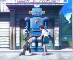 1boy 1girl balding belt_pouch beret black_boots black_hair black_hat black_jacket blue_skirt blue_sky blue_stripes bob_cut boots chuo_tanegashima_high_school_uniform cloud cloudy_sky cropped_shirt daitoku_junna dark-skinned_female dark_skin day fujita_tetsuharu fukuda_tomonori game_cg gloves grandfather_and_granddaughter grey_eyes hat high-waist_skirt highres jacket kneeling leather leather_boots leather_jacket miniskirt non-web_source offering_hand official_art old old_man open_mouth outdoors pants patchwork_clothes pink_shoes pleated_skirt pouch robot robotics;notes sailor_collar school_uniform shirt shoes short_hair short_sleeves skirt sky smile standing thick_eyebrows thighs tree white_gloves white_pants white_sailor_collar white_shirt work_gloves