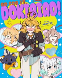 ahoge black_gloves black_jacket blonde_hair blue_eyes blush dokibird_(vtuber) dokibird_(vtuber)_(bounty_hunter) dokibird_(vtuber)_(tomato) dooby_(vtuber) fang feather_hair ganbare!_nakamura-kun!! gloves hair_ornament hazztur_en highres indie_virtual_youtuber jacket kippu_(dooby) looking_at_viewer medium_hair mint_fantome neckerchief nimi_nightmare open_mouth shirt short_hair skin_fang smile virtual_youtuber