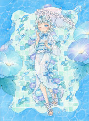 1girl absurdres amu_(m_aa) animal artist_name blue_bow blue_eyes blue_flower blue_nails blue_theme bottle bottle_to_cheek bow closed_mouth dated dot_nose fish flower frilled_umbrella frills full_body grid_print highres holding holding_bottle holding_umbrella japanese_clothes kimono leaf lolita_fashion nail_polish no_socks obi one_eye_closed original painting_(medium) print_kimono ramune sandals sash signature smile solo summer traditional_media umbrella wa_lolita watercolor_(medium) white_kimono